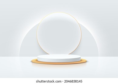 White And Gold Luxury Geometric Pedestal Podium With Glowing Semi Circle Backdrop. Vector Abstract Studio Room With 3D Platform Design. Minimal Scene For Cosmetic Products. Showcase, Promotion Display