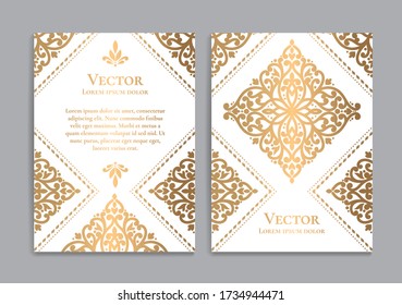 White and gold luxury invitation card design. Vintage ornament template. Can be used for background and wallpaper. Elegant and classic vector elements great for decoration.