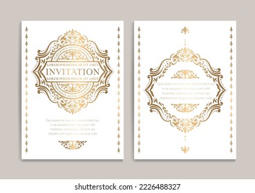 White and gold luxury invitation card design with vector ornament pattern. Vintage template. Can be used for background and wallpaper. Elegant and classic vector elements great for decoration.