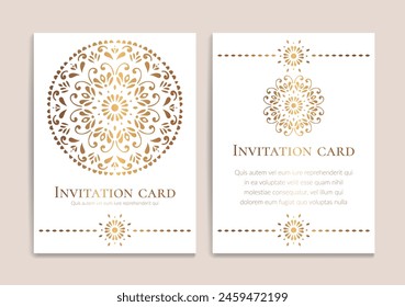 White and gold luxury invitation card design with vector mandala pattern. Vintage ornament template. Can be used for background and wallpaper. Elegant and classic vector elements great for decoration.