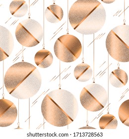 White and gold luxury laconic xmas balls seamless pattern for background, wrap, fabric, textile, wrap, surface, web and print design. Elegant masculine design with abstract Christmas baubles. 