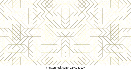 White and gold luxury line art ornamental seamless pattern. Grid geometric oriental design. Art deco abstract background. 