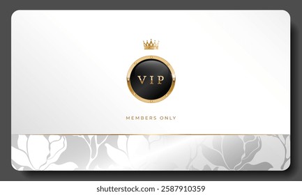 White and gold luxury premium VIP card with crown, floral pattern for club members only, casino, invitation. Vector illustration	