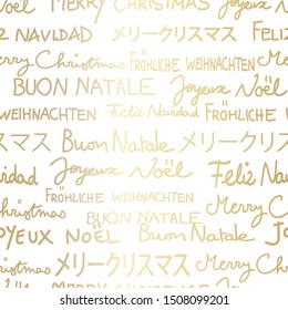 White and gold merry Christmas seamless pattern in several languages. Text only Christmas background great for wrapping paper, backdrops and various holiday projects. Vector