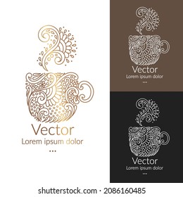 White and gold mug emblem. Vector illustration. Can be used for drink, food and other packaging types. Great for logo, monogram, invitation, flyer, menu, brochure, background or any desired idea.
