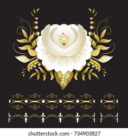 White and gold ornamental flowers on black background. Inspired by russian traditional paintings.