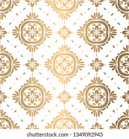 White and gold ornamental seamless pattern. Vintage vector, luxury elements. Great for fabric, invitation, flyer, menu, brochure, background, wallpaper, decoration, packaging or any desired idea.
