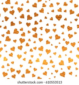 White and gold  pattern. Abstract sparkle modern background with golden hearts. Vector illustration.  Romantic shiny backdrop. Texture of gold foil. Art deco style. Shimmer confetti. Symbol of love.