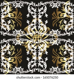 white and gold patterns on a black background