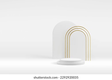 Fondo 3d del podio de oro blanco. Escenario de visualización de productos con alambre de metal fino de lujo y arcos de acrilo