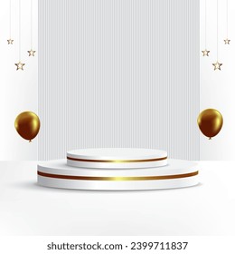 podio blanco y dorado con globos y estrellas. ilustración vectorial