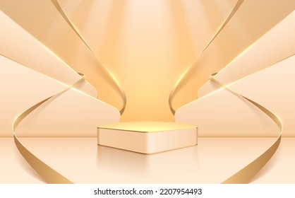 White and gold podium with shapes and ribbons