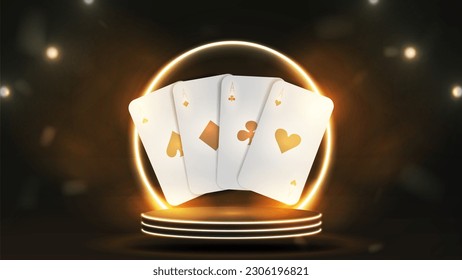 White and gold poker cards on the podium with a bright neon arch. A composition on the casino theme.