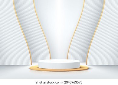 White, gold realistic cylinder pedestal podium with vertical stripes layers backdrop. Vector abstract studio room with 3D geometric platform. Minimal scene for products showcase, Promotion display.