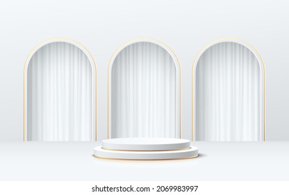 White and Gold realistic cylinder pedestal podium with white curtains in window. Vector abstract studio room with 3D geometric platform. Luxury minimal scene for products showcase, Promotion display.