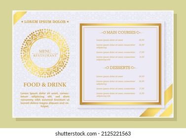 Folleto de la carta del restaurante blanco y dorado