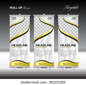 White and gold Roll Up Banner template vector illustration, stand design, display, polygon background, advertisement