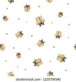 White and gold seamless gift pattern. Giveaway holidays repeated pattern, present boxes illustration. Abstract wallpaper, wrapping paper print