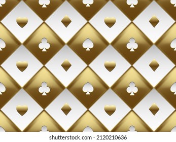 White and gold seamless pattern fabric poker table. Luxury casino vector 3d background with texture composed from volume card symbol texture