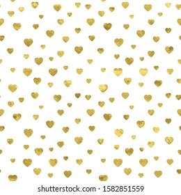 White and gold seamless pattern with glitter foil textured confetti hearts. Abstract artistic modern background. Bright shiny illustration for fabric design, wallpaper, decorative paper, web design. 