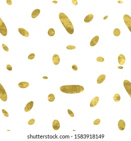 White and gold seamless pattern with glitter foil textured confetti oval circles. 
Abstract artistic polka dot background. Bright shiny illustration for fabric design, wallpaper, decorative paper, web