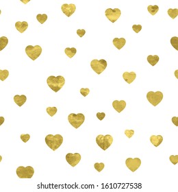 White and gold seamless pattern with glitter foil textured confetti hearts. Abstract artistic modern background. Bright shiny illustration for fabric design, wallpaper, decorative paper, web design. 