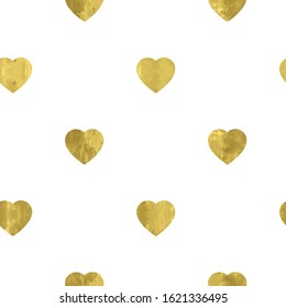 White and gold seamless pattern with glitter foil textured confetti hearts. Abstract artistic modern background. Bright shiny illustration for fabric design, wallpaper, decorative paper, web design. 
