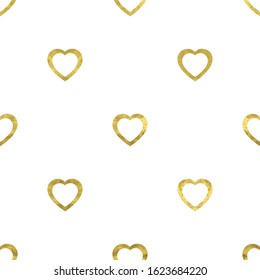 White and gold seamless pattern with glitter foil textured confetti hearts. Abstract artistic modern background. Bright shiny illustration for fabric design, wallpaper, decorative paper, web design. 
