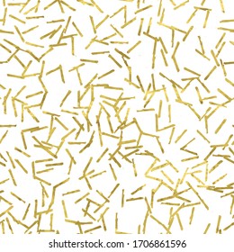 White and gold seamless pattern with glitter foil rain confetti textured. Abstract artistic sparkle background. Bright shiny illustration for fabric design, wallpaper, decorative paper, web