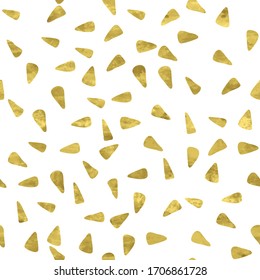 White and gold seamless pattern with glitter foil triangles textured. Abstract artistic confetti background. Bright shiny illustration for fabric design, wallpaper, decorative paper, web