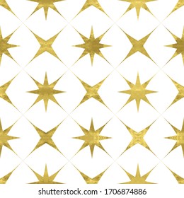 Patrón transparente blanco y dorado con estrellas texturadas de lámina brillante. Resumen artístico de fondo de cuadrícula de lujo. Ilustración brillante brillante brillante para el diseño de tela, papel pintado, papel decorativo, tela