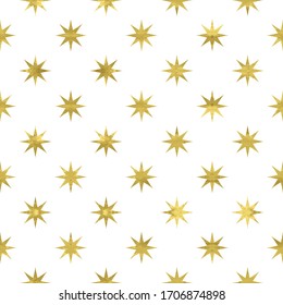 Patrón transparente blanco y dorado con estrellas texturadas de lámina brillante. Resumen artístico de fondo de cuadrícula de lujo. Ilustración brillante brillante brillante para el diseño de tela, papel pintado, papel decorativo, tela