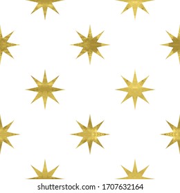 Patrón transparente blanco y dorado con estrellas texturadas de lámina brillante. Resumen artístico de fondo de cuadrícula de lujo. Ilustración brillante brillante brillante para el diseño de tela, papel pintado, papel decorativo, tela