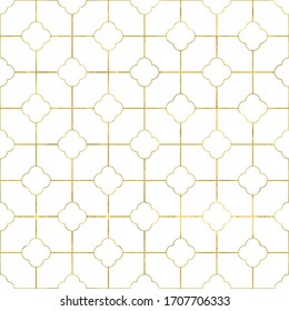 White and gold seamless pattern with glitter foil textured simple grid quatrefoils. Abstract artistic classic  background. Bright shiny illustration for fabric design, wallpaper, decorative paper, web