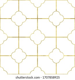 White and gold seamless pattern with glitter foil textured simple grid quatrefoils. Abstract artistic classic  background. Bright shiny illustration for fabric design, wallpaper, decorative paper, web