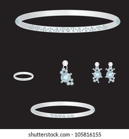 white gold set from necklace ring earrings brooch and bracelets with blue brilliants on black background