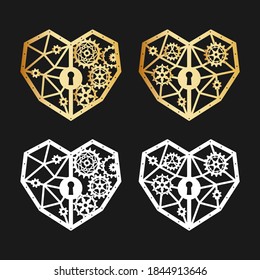 White and gold silhouettes of geometric hearts with polygonal texture, gears and keyhole. Mechanism. Steampunk. Vector design template for a stylish holiday greeting card, love concept, laser cutting