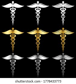 white gold  and silver Caduceus as a symbol of medicine vector set