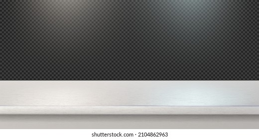 White gold steel countertop, empty shelf. Vector realistic mockup of table top, kitchen counter on transparent background with spot light. Bar desk surface in foreground