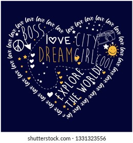 White Gold Text Heart Girl Tee Illustration Art Vector