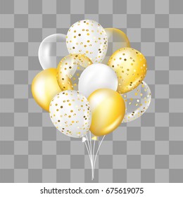 White and gold, transparent and with confetti balloons bunch. Decorations in realistic style for birthday, anniversary or party design.