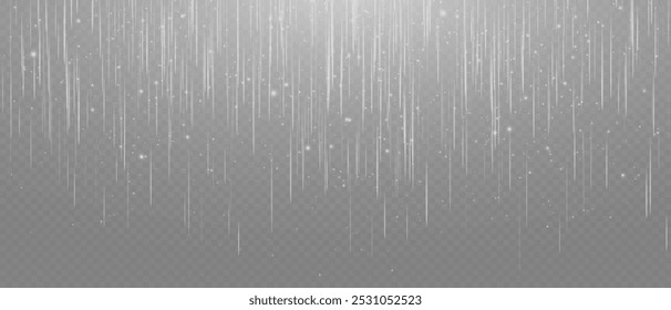 White and gold vertical lines of light glow on a transparent background. Garlands hang vertically, falling in a shower of confetti-like lights, bokeh and sparkles.