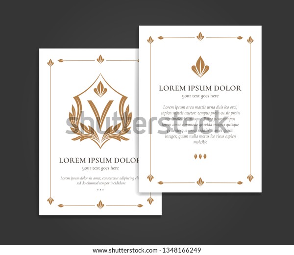 White and gold vintage greeting card. Letter V.\
Luxury vector shield ornament template. Monogram. Great for\
invitation, flyer, menu, brochure, wallpaper, background,\
decoration, or any desired\
idea.