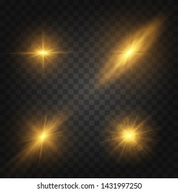 White gold yellow glowing light explodes on a transparent background. Sparkling magical dust particles. Bright Star. Transparent shining sun, bright flash. Vector Set of  golden yellow sparkles.