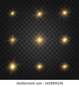White gold yellow glowing light explodes on a transparent background. Sparkling magical dust particles. Bright Star. Transparent shining sun, bright flash. Vector Set of  golden yellow sparkles.