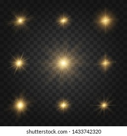 White gold yellow glowing light explodes on a transparent background. Sparkling magical dust particles. Bright Star. Transparent shining sun, bright flash. Vector Set of  golden yellow sparkles.