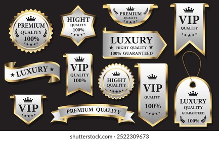 Branco dourado preto de luxo etiquetas de qualidade premium emblemas na ilustração de vetor de fundo cinza.