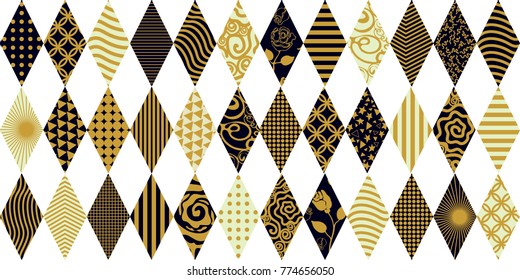 White and golden carnival background. Seamless vector pattern with rhombuses and decorative ornaments.  Abstract geometric composition for cards, invitations, tickets, covers, textile design.