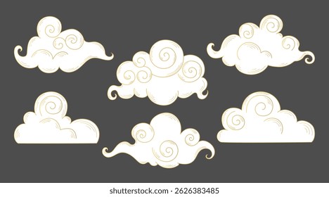 White and golden cartoon swirl clouds. Hand drawn celestial doodle clouds in Asian style. Vector illustration