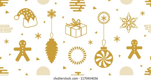 White and golden Christras an New Year background. Seamless vector pattern with carnival hats, gifts, snowflakes, circles and other decorative elements. Simple design for packaging, cards and textile.